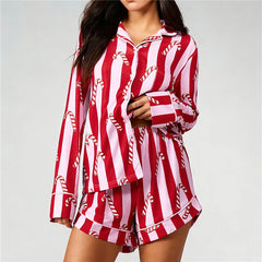 Christmas Striped Printed Long Sleeve Button Down Shirt And Shorts Pajama Set