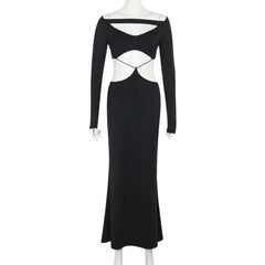 Black Long Sleeve Hollow Out Maxi Dress