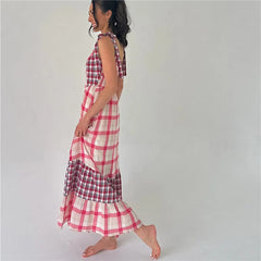 Colour Block Plaid Tie Shoulder Strap Maxi Dress