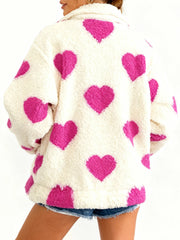 Heart Print Fuzzy Fleece Zip Up Jacket