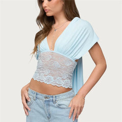 Draped Deep V-Neck Lace Patchwork Back Tie Up Top