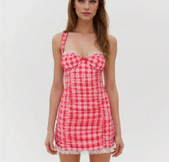 Red Plaid Plaid Dot Ruched Mini Dress