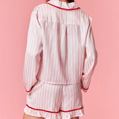Stripe Solid Trim Long Sleeve Button Down Shirt And Ruffle Shorts Sleepwear Set