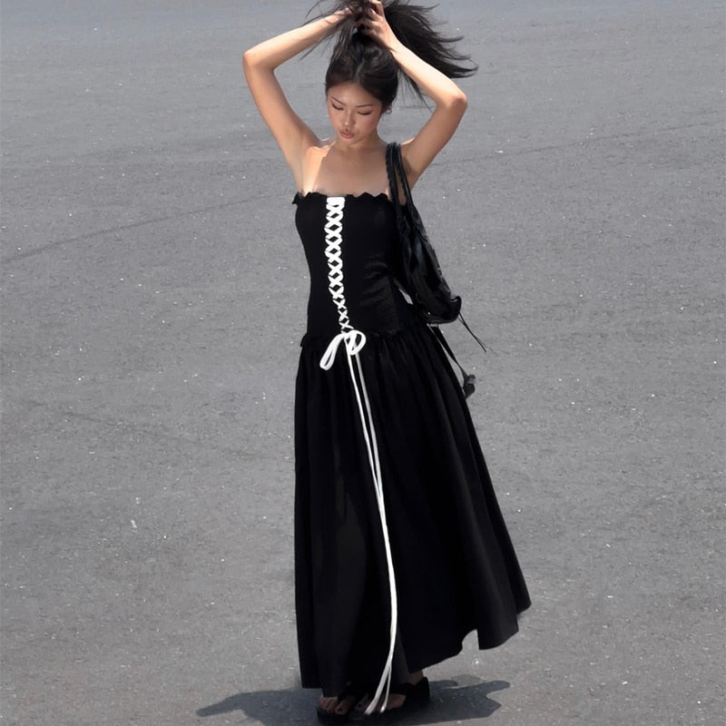Black Tube Ruched Lace Up Maxi Dress