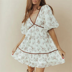White Floral V Neck Lantern Sleeve Mini Dress