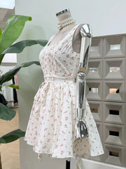 White Floral Tie Belt Flared A-Line Mini Dress