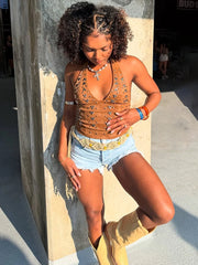 Brown Halter Fake Rivet Decoration Zip Vest