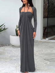 Long Sleeve Draped Tie Neck Maxi Dress