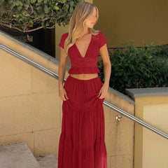 Short Sleeve Mesh Patchwork Crop Top And Maxi Skirt Matching Set