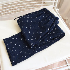 Cotton Star Print Drawstring Wide Leg Pants