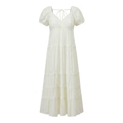 Lace Puff Sleeve V-Neck Back Tie Maxi Dress