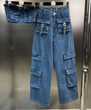 Belt Strapless Vest High Waist Splice Pocket Loose Cargo Jeans Set