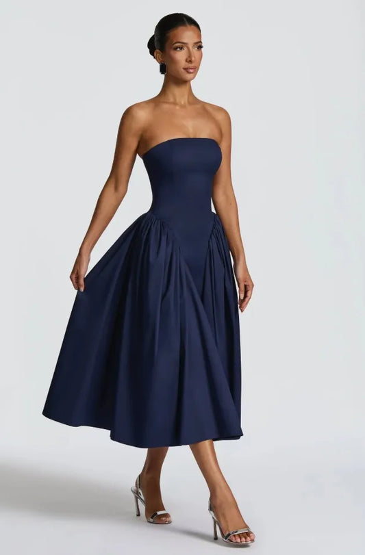 Blue Strapless Lace Up A-Line Midi Dress