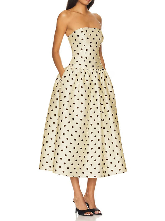 White Satin Polka Dot Strapless Midi Dress