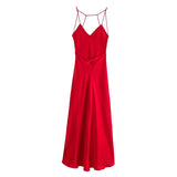 Red Satin V-neck Backless Maxi Dress