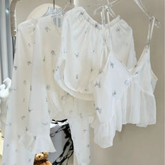 Butterfly White Shirt Sling Shorts Pants Sleepwear Loungewear Set