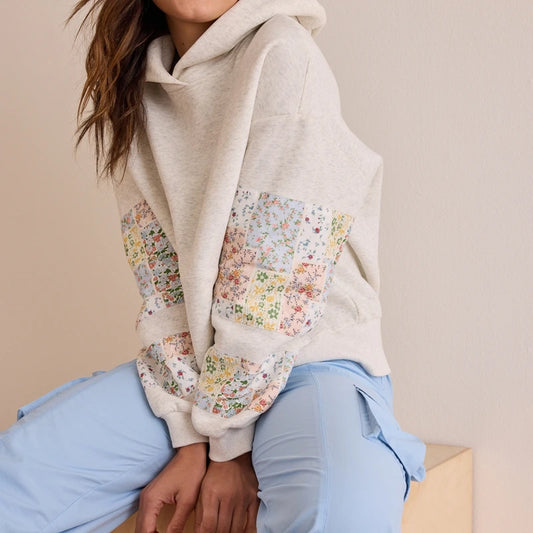 Floral Embroidered Patchwork Sleeve Hoodie Sweatshirt