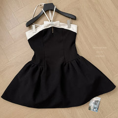 Black A-line White Satin Halter Strap Mini Dress