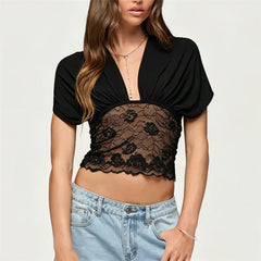 Draped Deep V-Neck Lace Patchwork Back Tie Up Top