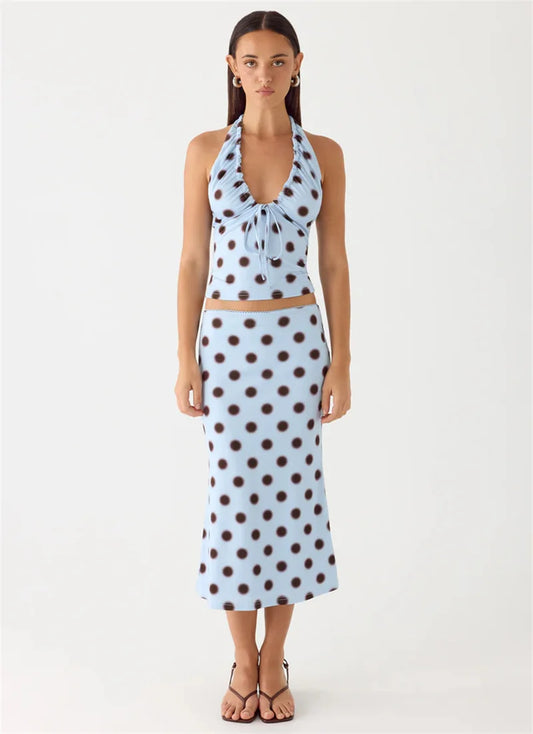 Blue Polka Dot Halter Drawstring Ruched Top And Midi Skirt Set