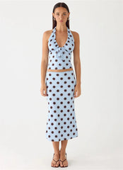 Blue Polka Dot Halter Drawstring Ruched Top And Midi Skirt Set