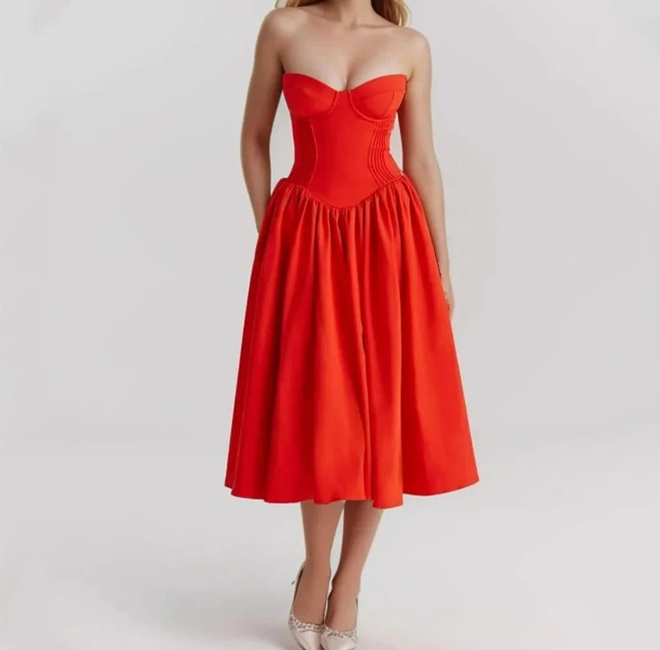 Red Bra Chest With Wire Strapless Low Waist Pleated Midi Dress