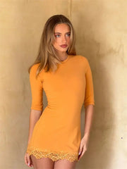 Round Neck Half Sleeve Bodycon Lace Trim Mini Dress