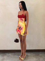 Yellow Floral Print Red Sequin Patchwork Mini Dress