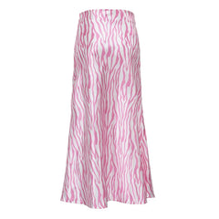 Pink Printed Satin Midi Straight Skirt Free From Label