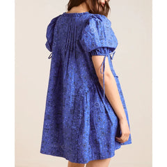 Bow Tied Short Puff Sleeve Square Neck Floral/Dot Loose A-line Mini Dress