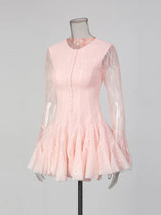 Lace Sheer Pleated Buttoned Long Sleeve Mini Dress