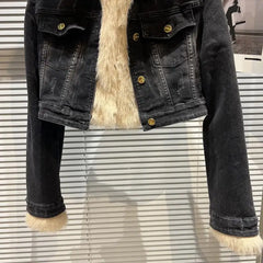 Faux Fur Collar Quilted Denim Crop Jacket