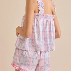 Floral Ruffle Trim Cami Top And Shorts Pajama Set