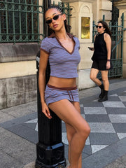 Purple Stripe  Short Sleeve Crop Top And Mini Drawstring Skirts Set