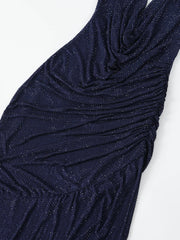 Blue Cowl Neck Diamonds Ruched Long Dress