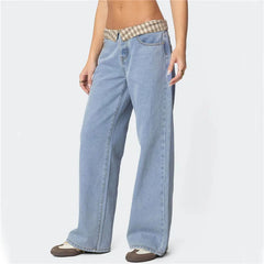 Plaid Folded Waistband Low Rise Blue Denim Pants