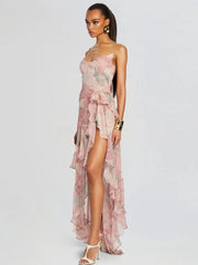 Woman wearing a floral dress with a white background