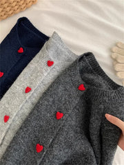 Deep Grey Wool Knitted Heart Buttoned Cardigan