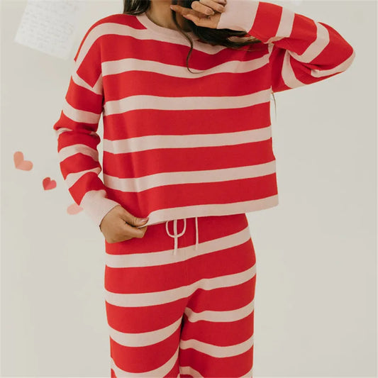 Striped Knit Crew Neck Long Sleeve Top And Drawstring Wide Leg Pants Set