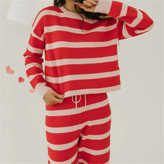 Striped Knit Crew Neck Long Sleeve Top And Drawstring Wide Leg Pants Set