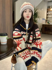 Reindeer Zipper Collar Printed Knitted Cardigan Free From Label