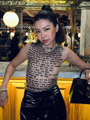 Mesh Letter Printed  O-Neck Tank Top With Gloves
