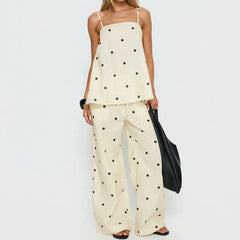 Polka Dot Split Back Cami Top with Drawstring High Waist Wide-Leg Pants Set