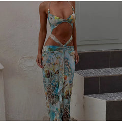 Blue Printed Cut Out Tie Up Maxi Dress – V-Neck Style