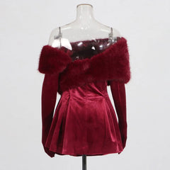 Red Fur Collar Long Sleeve Velvet Diamond Mini Dress