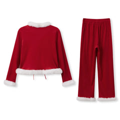 Velvet Santa Fur Trim Tie Up Top And Long Pants Set