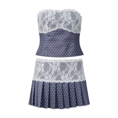 Polka Dot Lace Trim Tube Top and Pleated Mini Skirt Set
