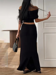 Ribbed Off-Shoulder Top And Maxi Skirt Set