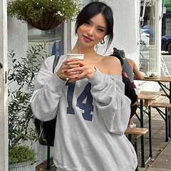 Number Printed One Shoulder Loose Sweatshirt