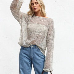 Silver Sequin Mesh Long Sleeve Top